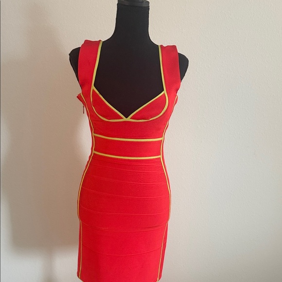 Herve Leger AUTHENTIC Red and NEON Yellow Bandage Dress - Picture 7 of 10